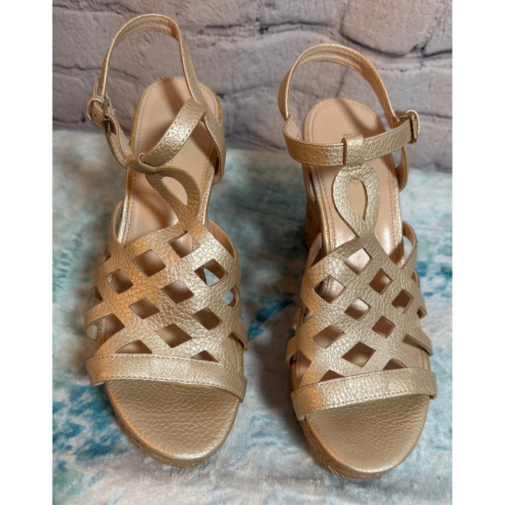 Limelight Sonia Gold Metallic Cutout Cork Wedge Platform Sandals Womens 8